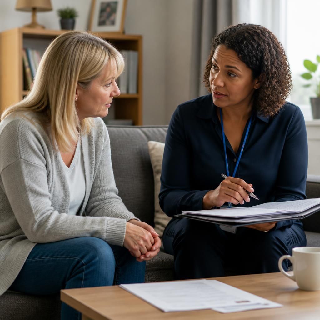 Foster carer speaking with a social worker about a child's transition plan