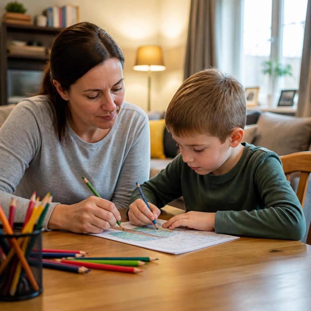 Foster carer and child completing a quiet activity together at home