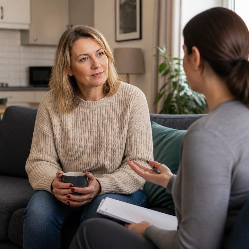 Single adult discussing fostering with a support worker at home