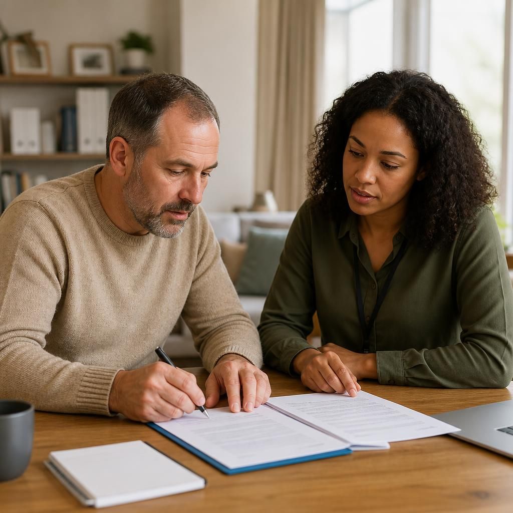 Foster carer reviewing placement notes and payment details with a support worker