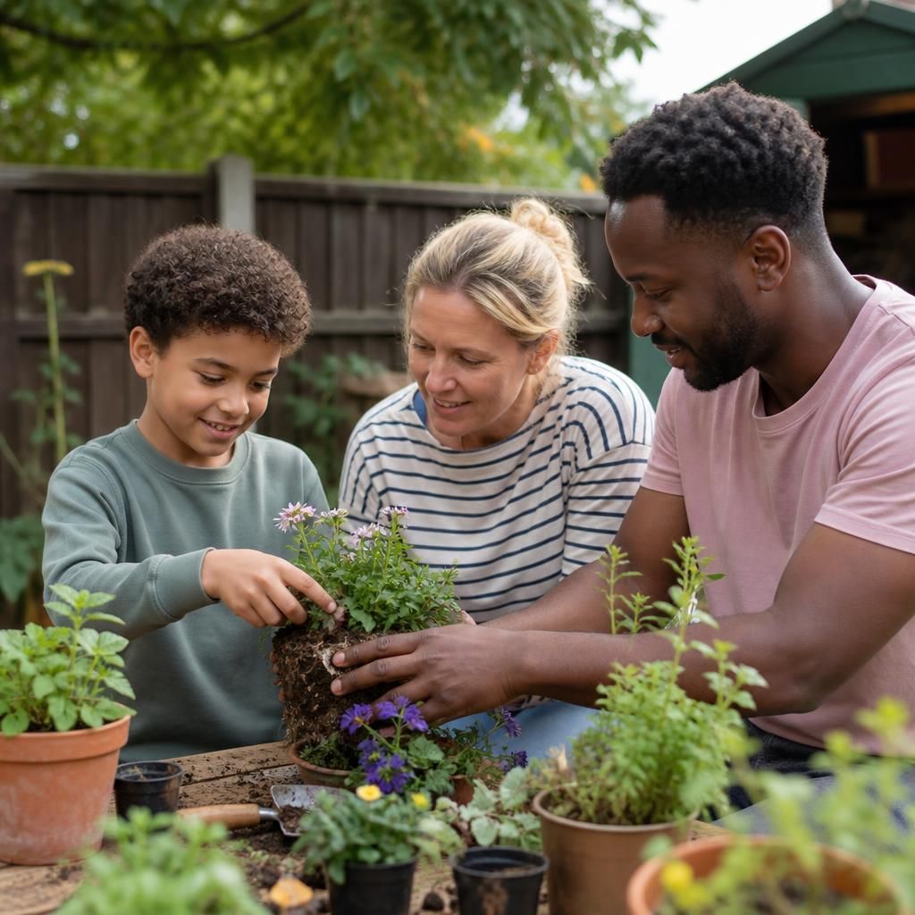 Foster family sharing an activity in the garden