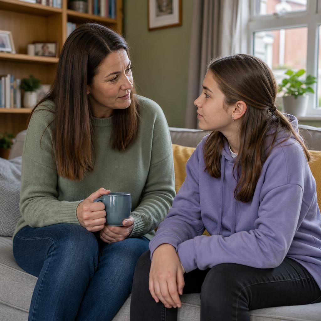 Foster carer supporting a child during a calm conversation at home
