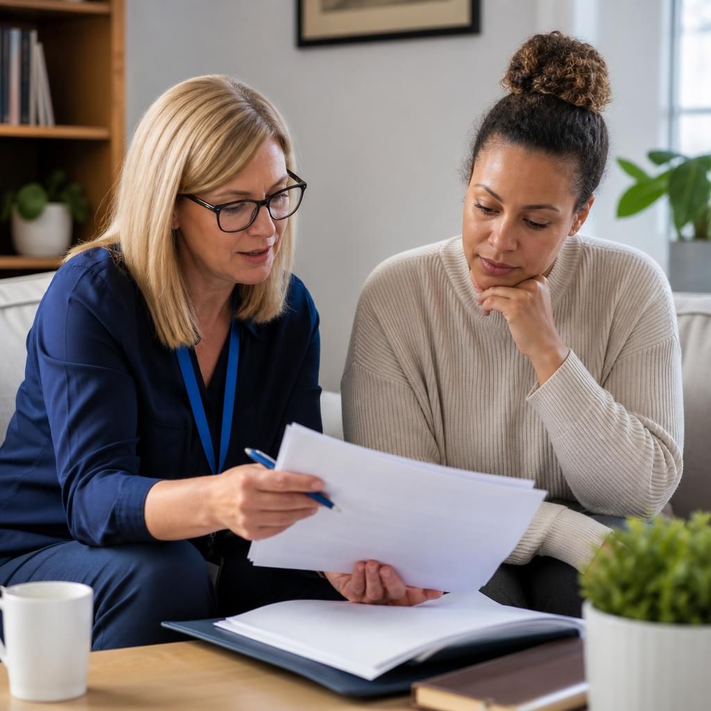 Foster carer applicant reviewing assessment paperwork with a social worker