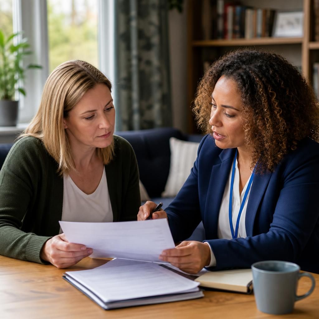 Foster carer reviewing regulatory documents with a social worker