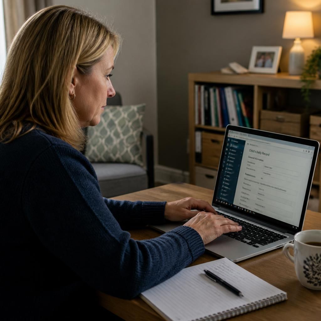 Foster carer entering a child’s care notes into a secure online record system