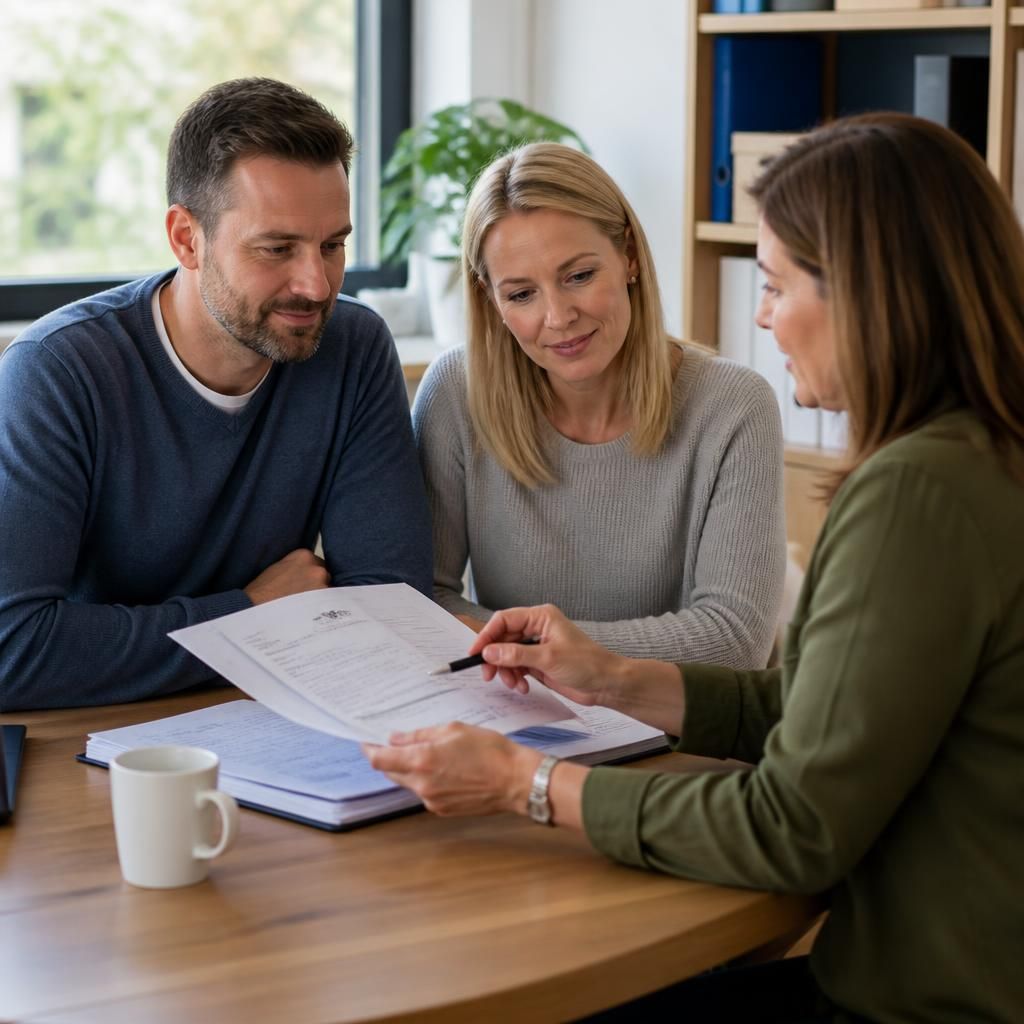 Foster carers discussing training materials with a social worker at a table