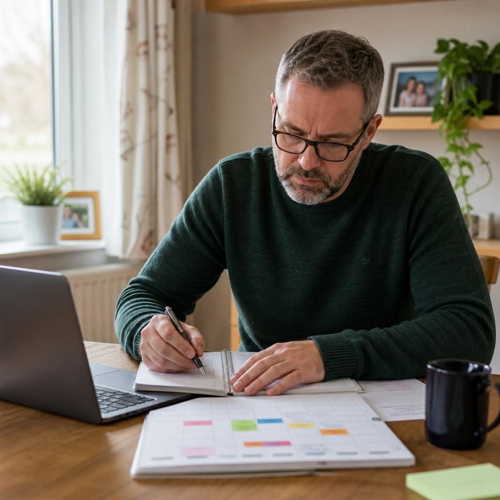 Foster carer reviewing a work and placement schedule at home