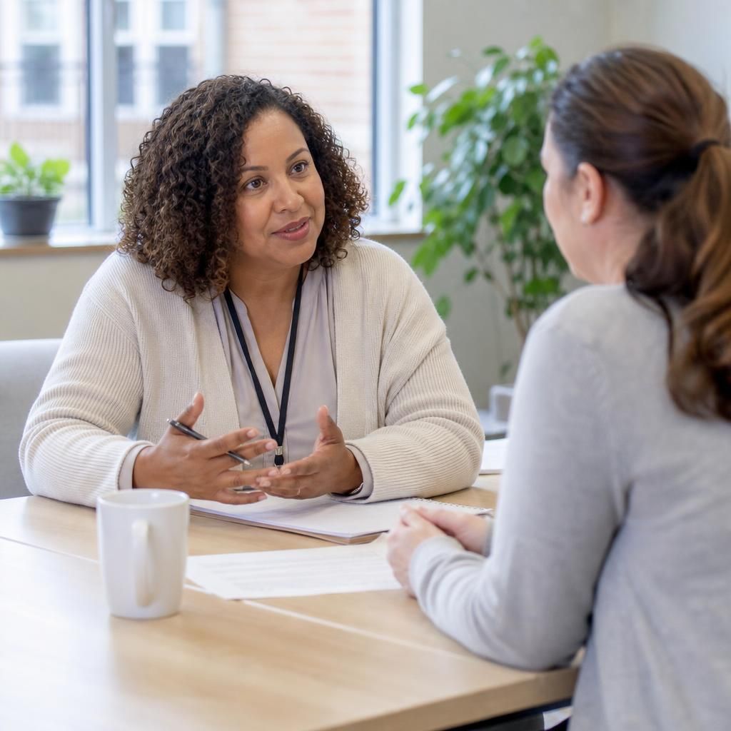 Foster carer attending a meeting with a social care professional