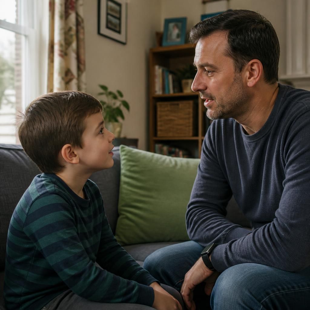 Single adult talking with a child at home