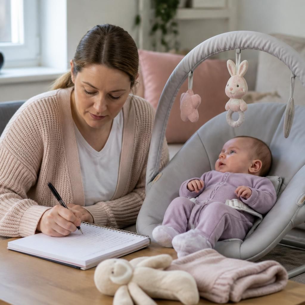 Foster carer writing dated notes about an infant’s feeds, sleep and medication