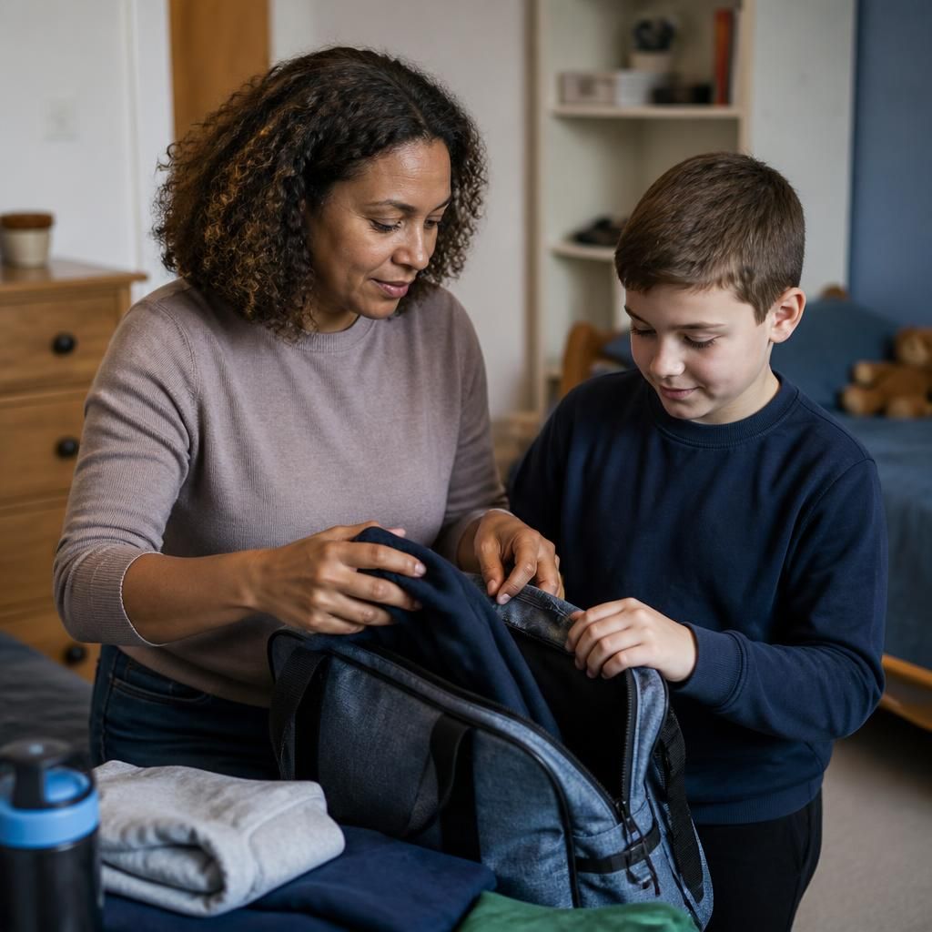 Foster carer and child preparing a bag of belongings for a planned move