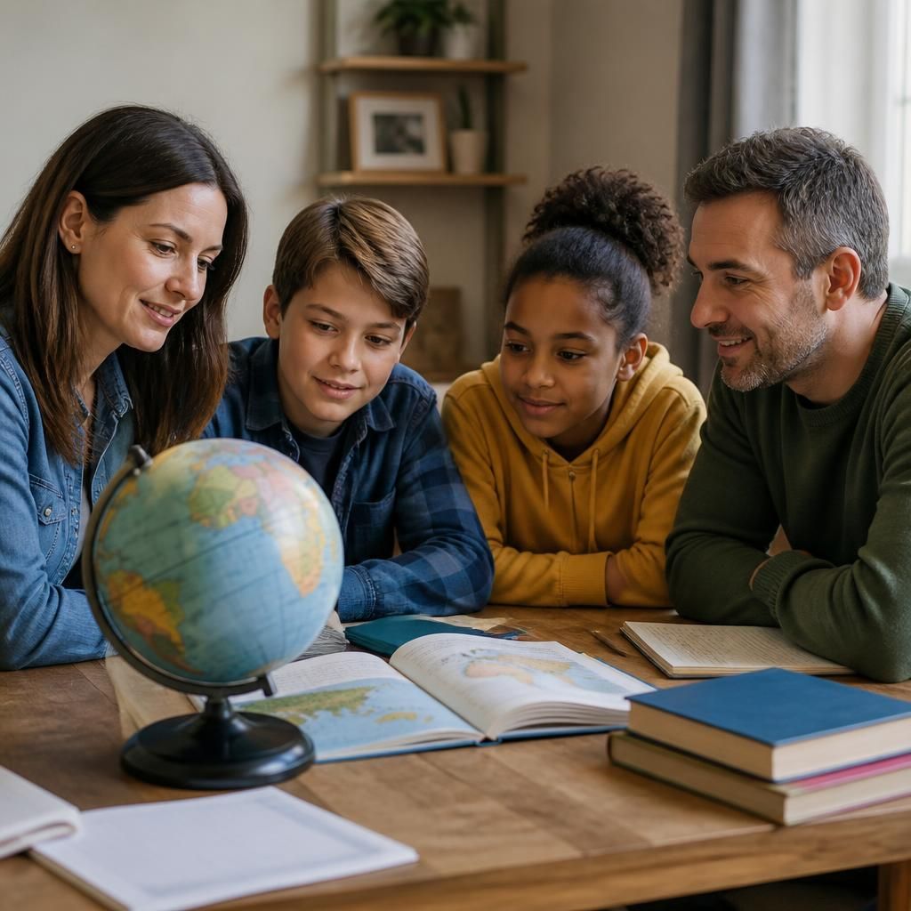 Family talking together with a globe and books on a table