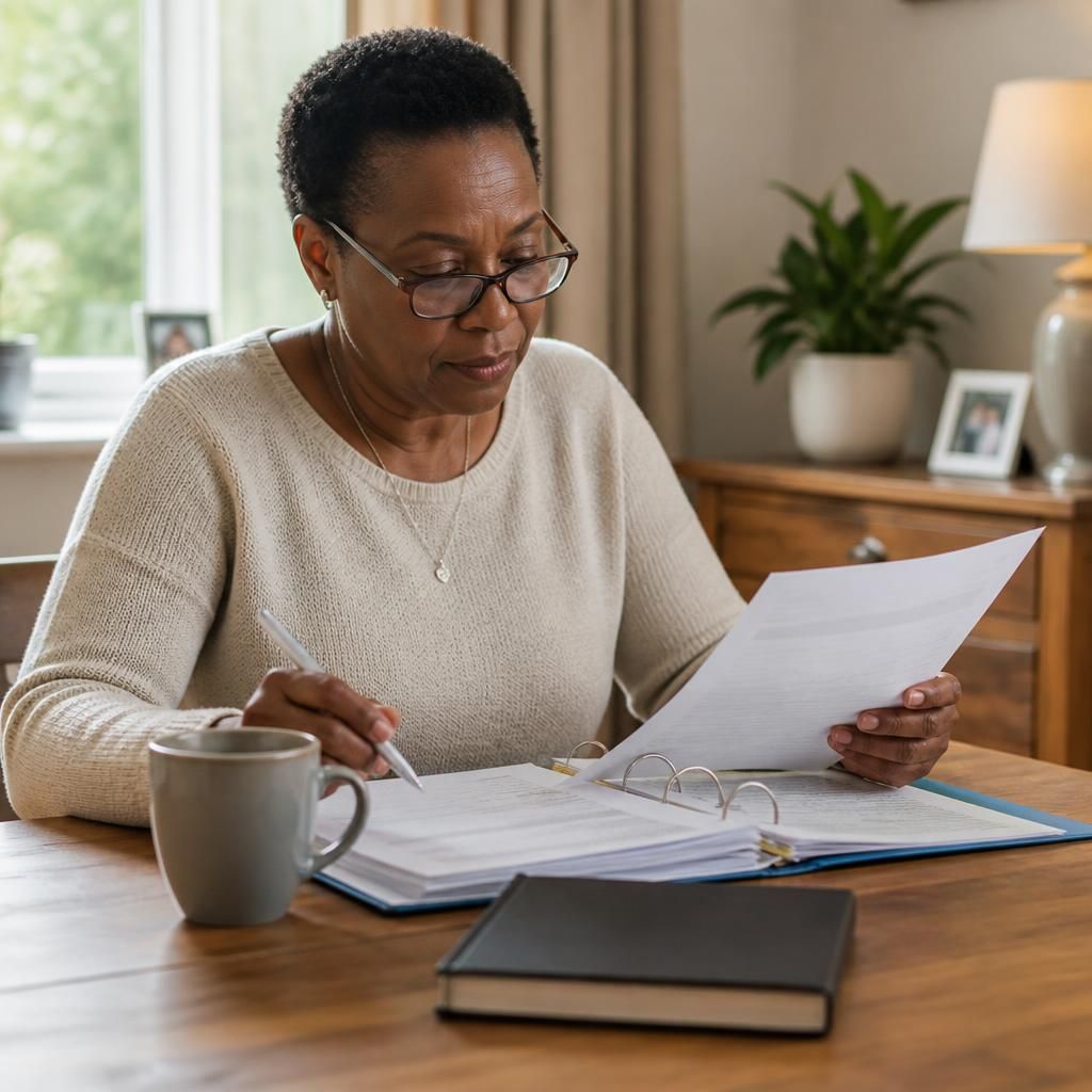 Kinship carer reviewing fostering records and care plans at a table