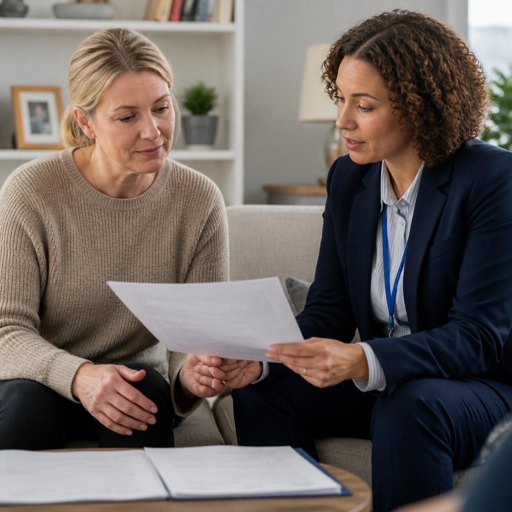 Foster carer discussing safeguarding documents with a social worker