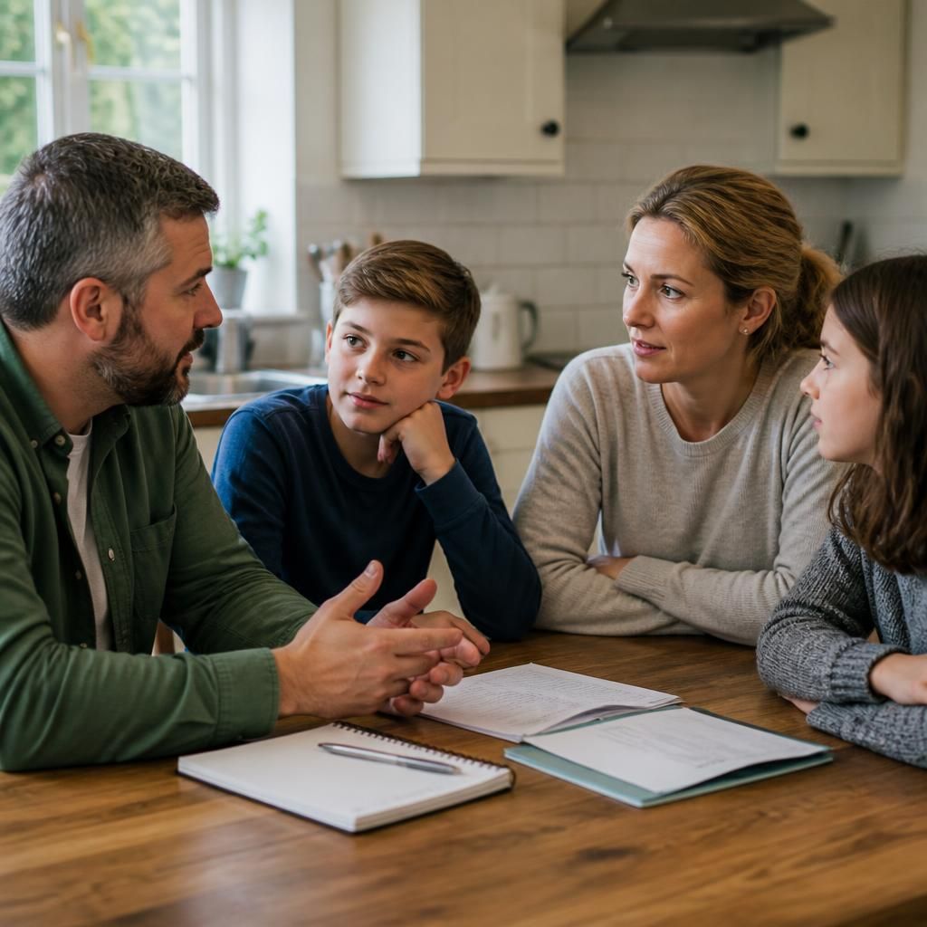 Parents and children discussing fostering around a kitchen table