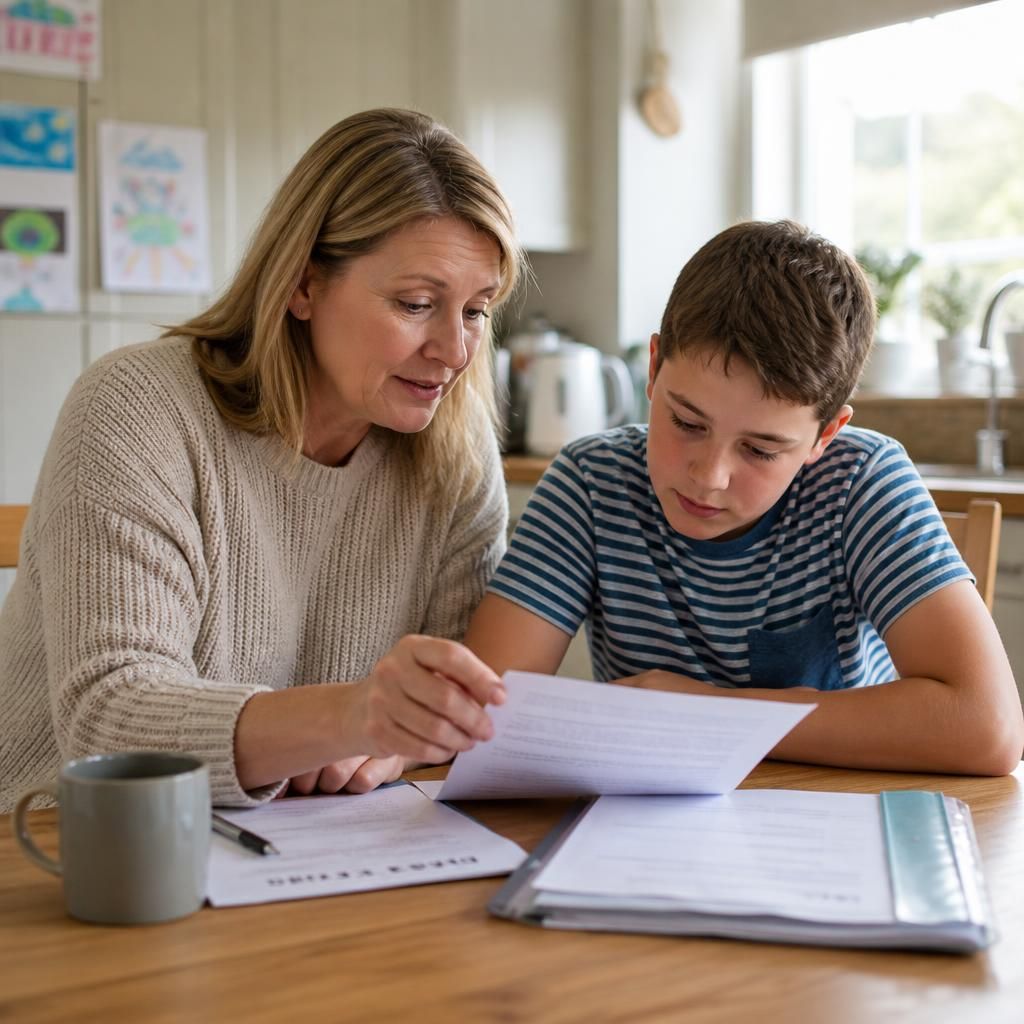 Foster carer and child discussing paperwork at a kitchen table