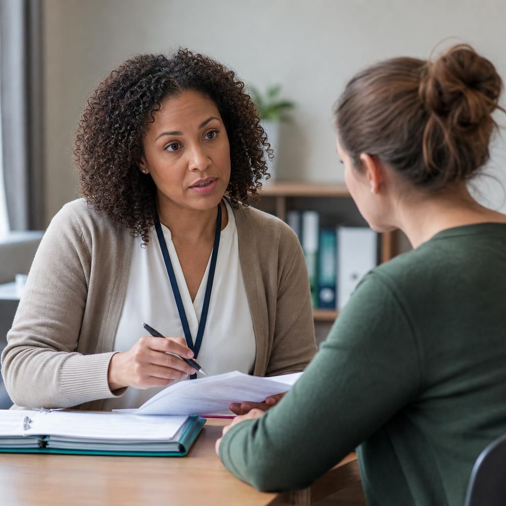 Fostering assessor discussing safeguarding documents with a prospective carer