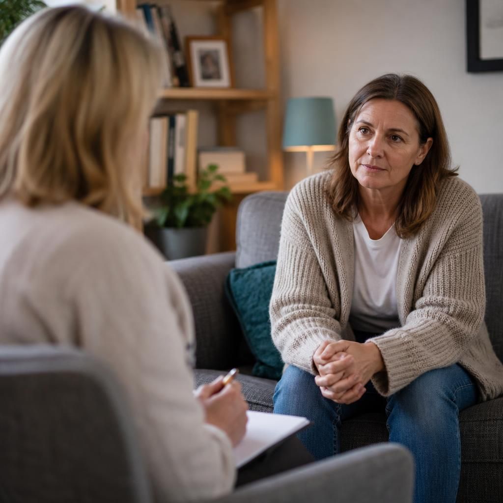Foster carer speaking privately with a counsellor during a wellbeing session