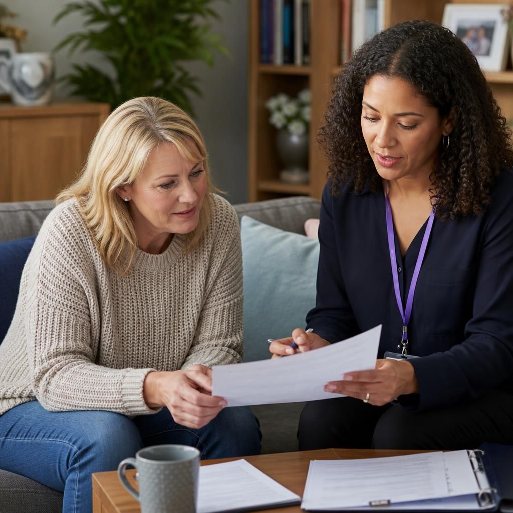 Foster carer discussing assessment documents with a social worker