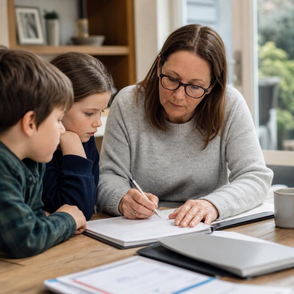 Foster carer writing notes about two children in a secure care record