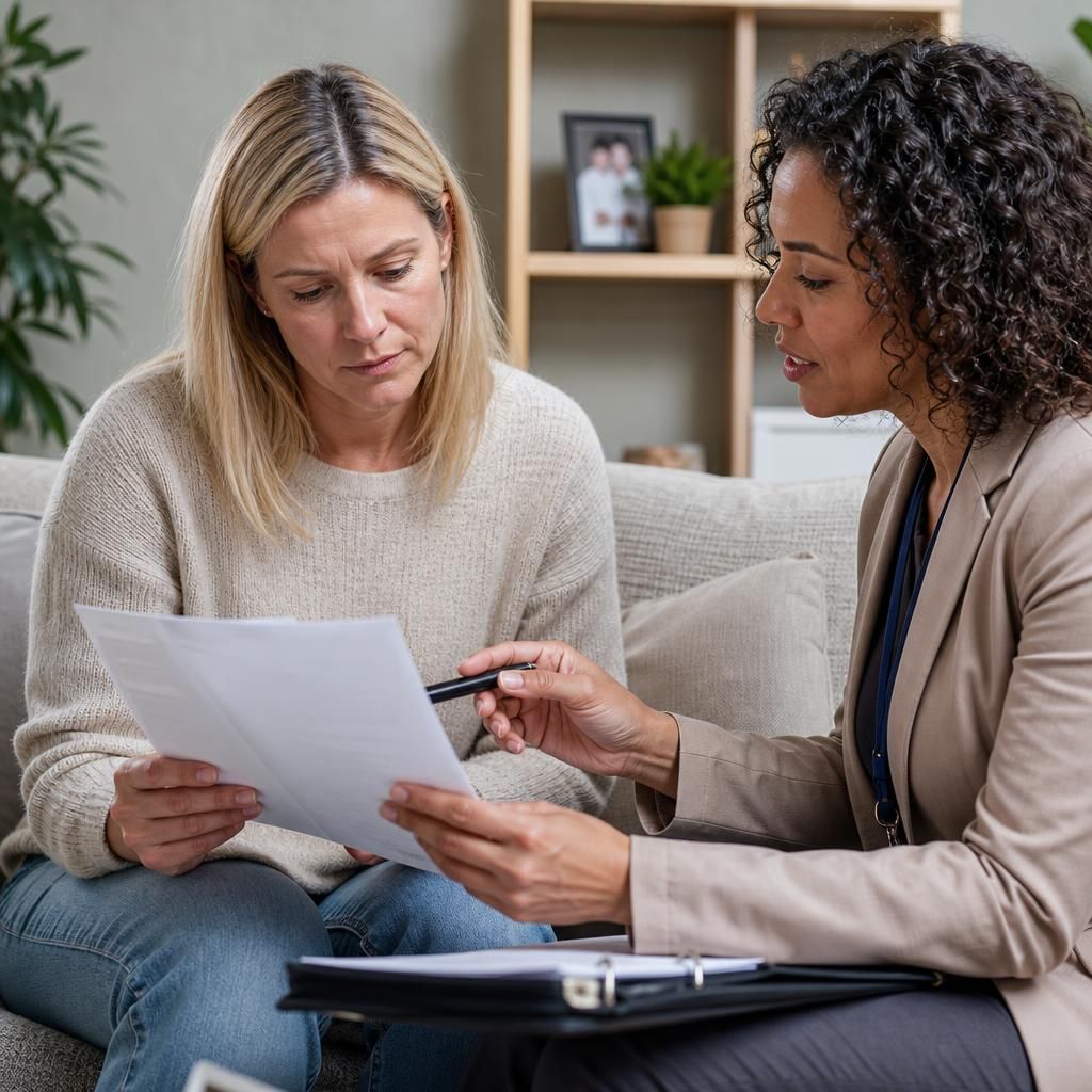 Foster carer reviewing placement payment documents with a social worker