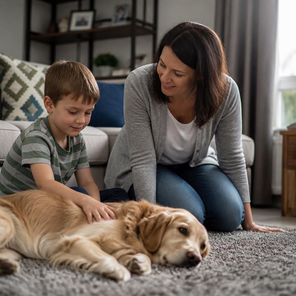 Child sitting beside a family dog with an adult supervising in the home