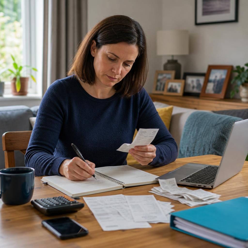 Foster carer reviewing receipts and allowance records at a table