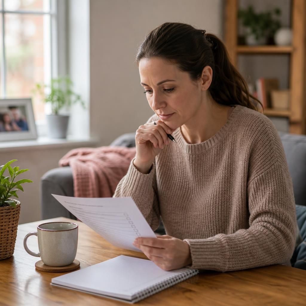 Foster carer reviewing a wellbeing checklist with a cup of tea and notebook
