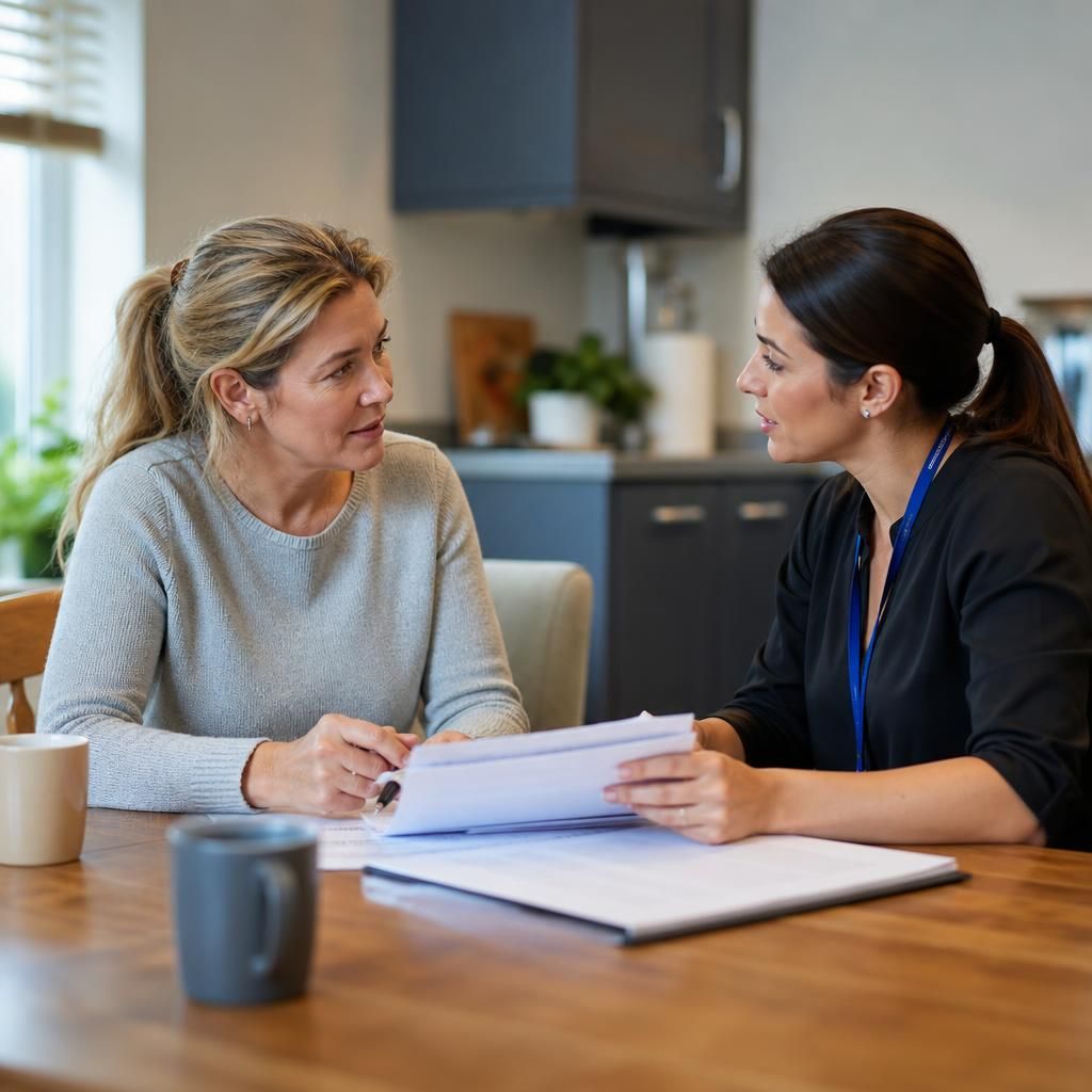 Foster carer and social worker discussing fostering documents at a table