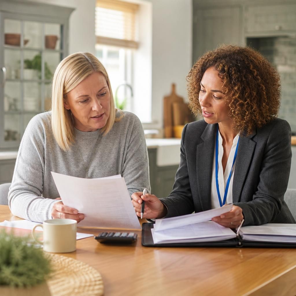 Foster carer reviewing payment documents with a social worker