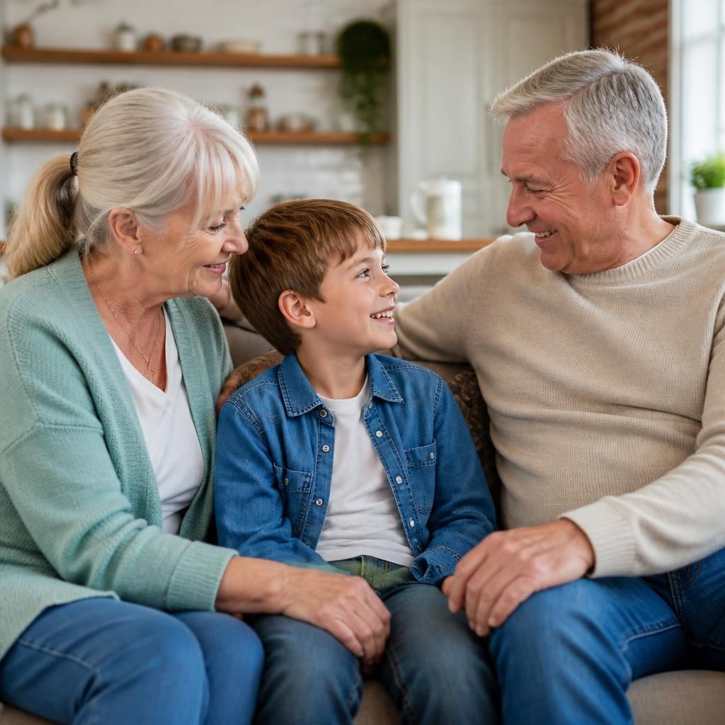 Older couple sitting with a child in their home