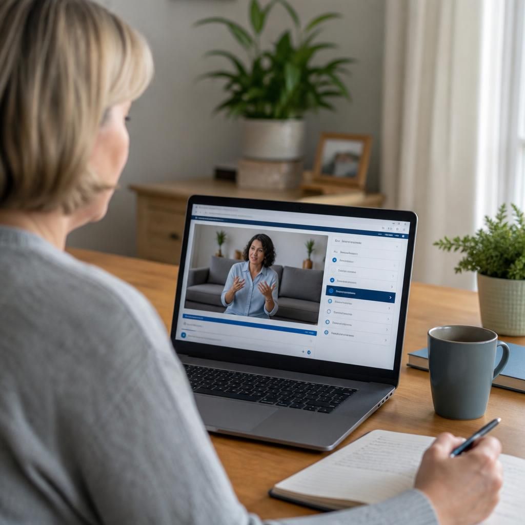 Learner reviewing an online foster training module on a laptop
