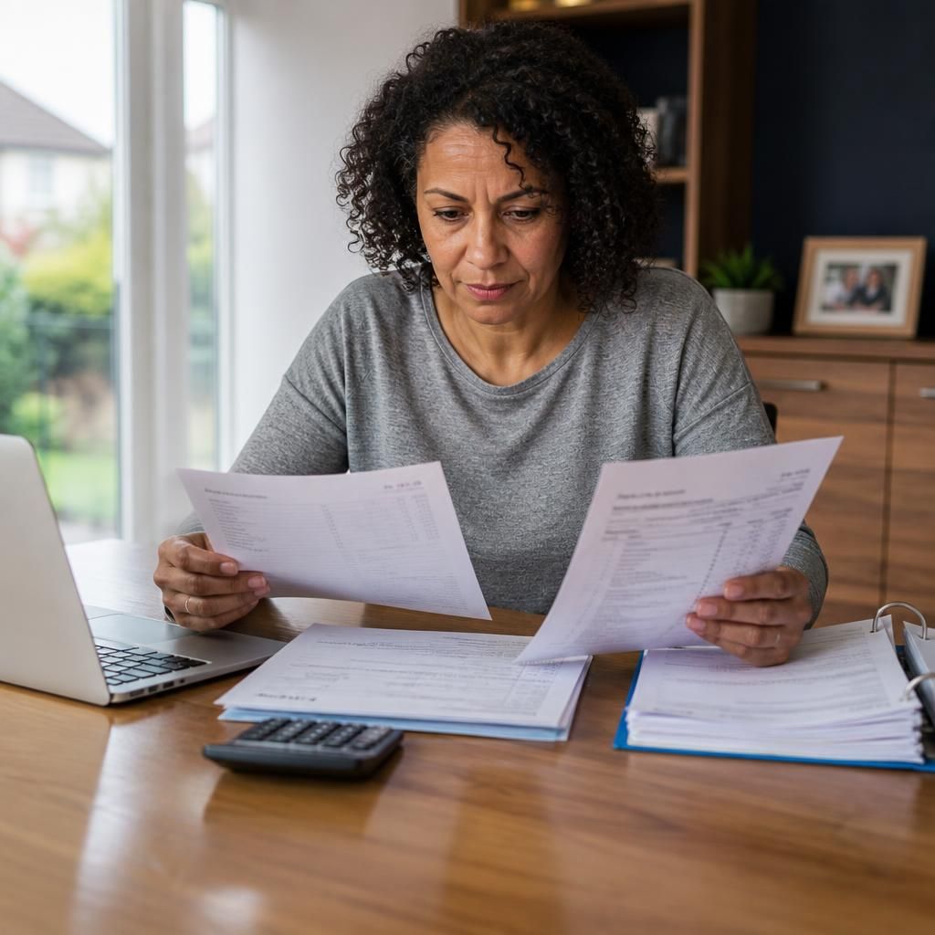 Kinship carer reviewing payment records and a fostering agreement at a table