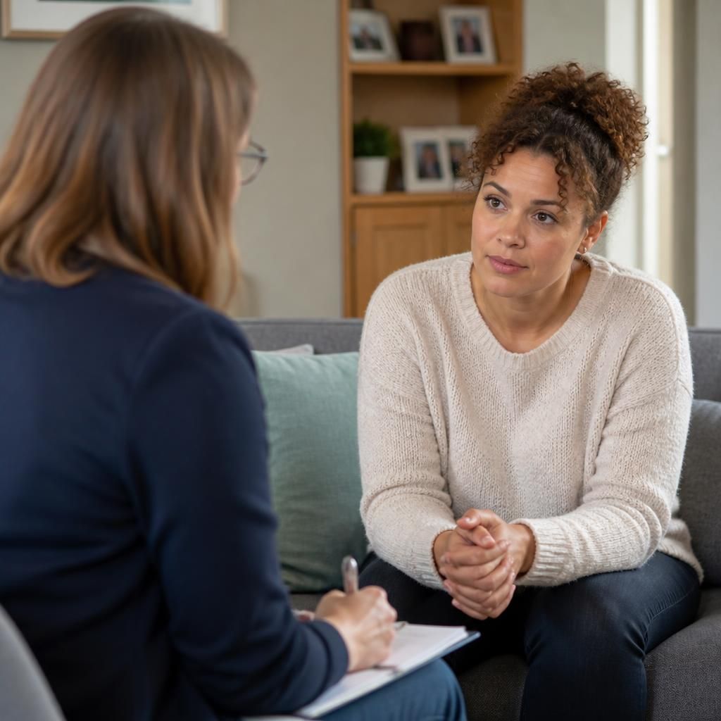 Single foster applicant speaking with an assessing social worker during a home visit