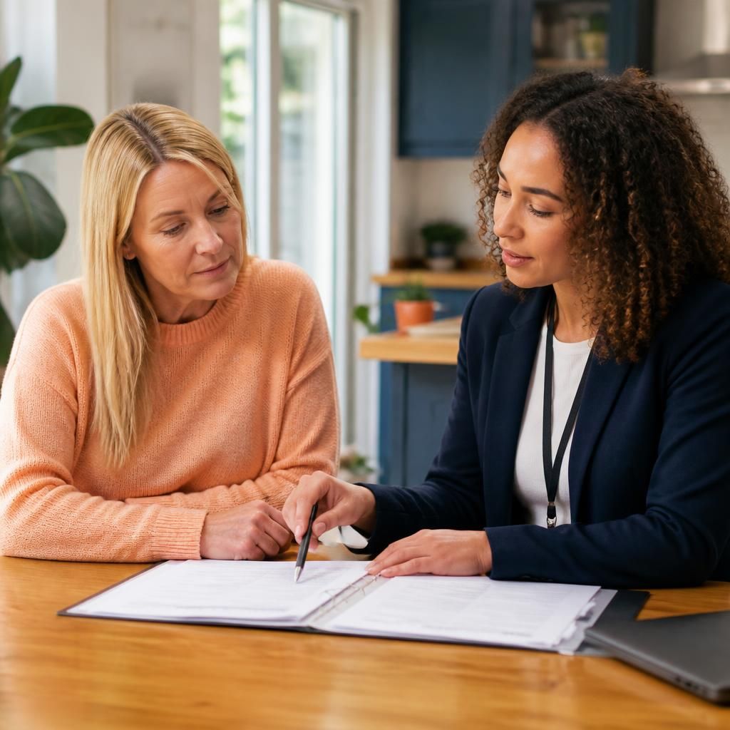 Foster carer and social worker discussing paperwork at a table