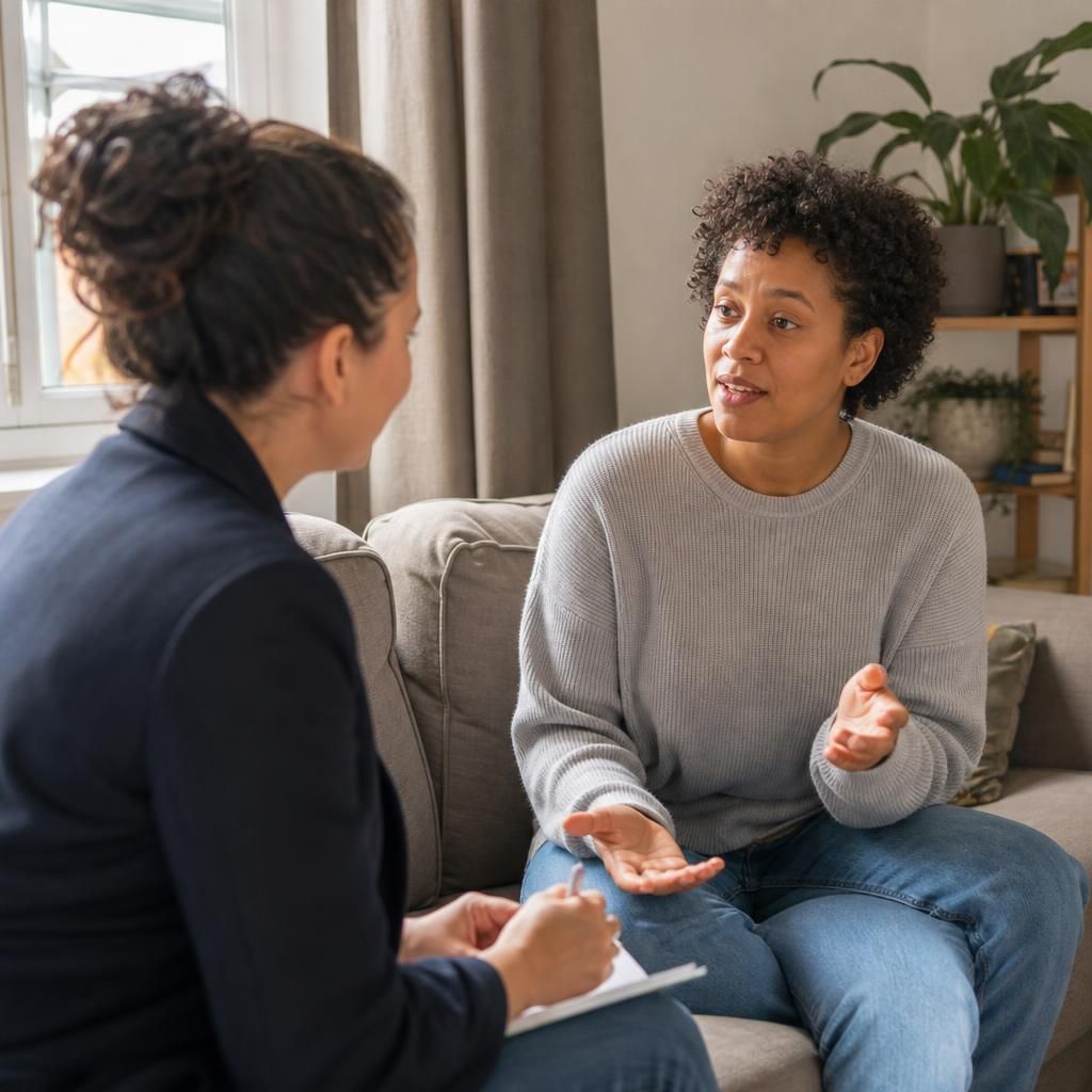 Single parent foster carer speaking with another adult about supporting a child
