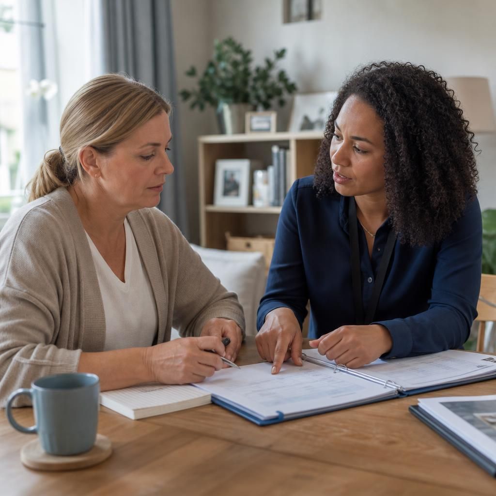 Foster carer and supervising social worker discussing placement records at a table