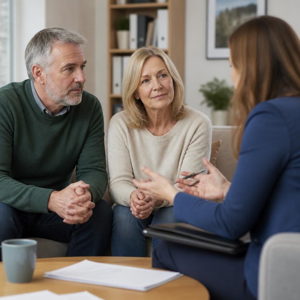 Mature couple discussing fostering with a family adviser