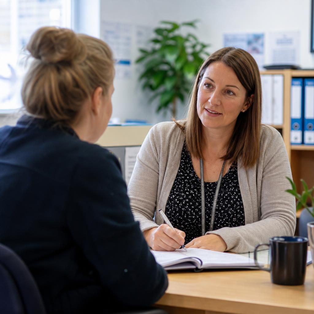 Foster carer speaking with a support worker at a local office