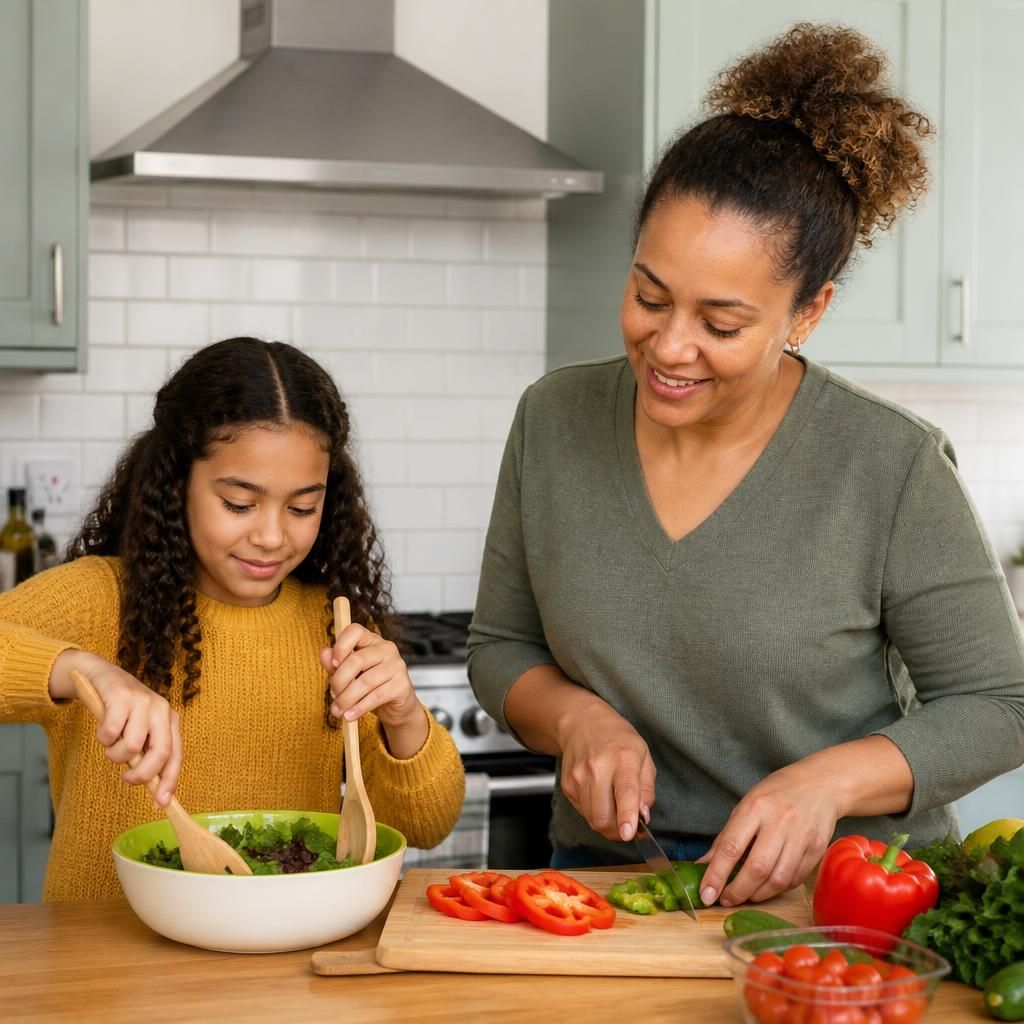 Foster carer preparing a meal with a child in a family kitchen