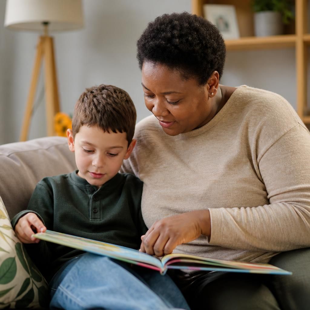 Single foster carer and child reading together at home