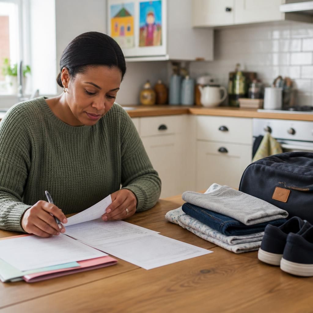 Kinship foster carer completing paperwork beside a child’s belongings at a kitchen table