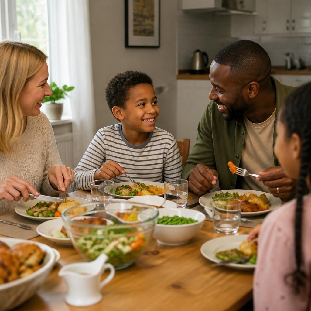 Family members sharing a meal with a foster child at home