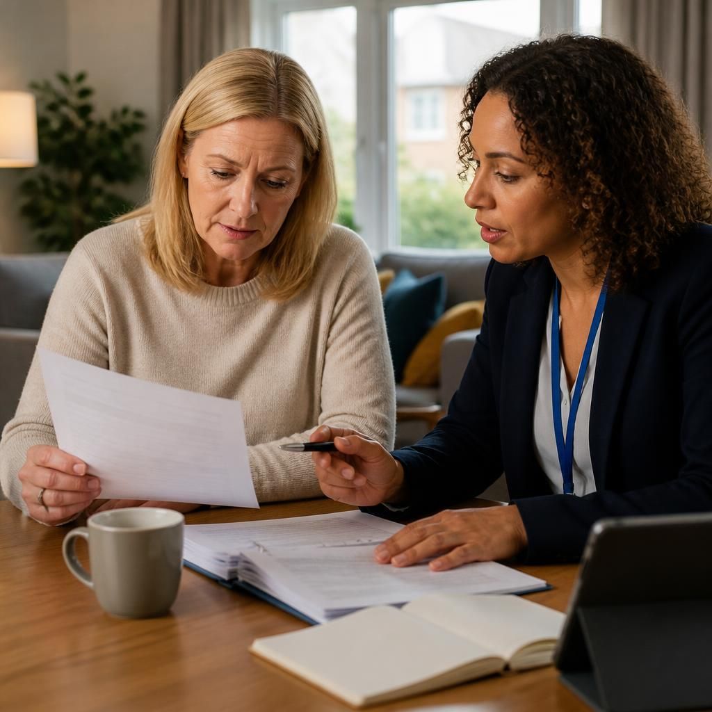 Foster carer reviewing a placement agreement and payment statement with a social worker