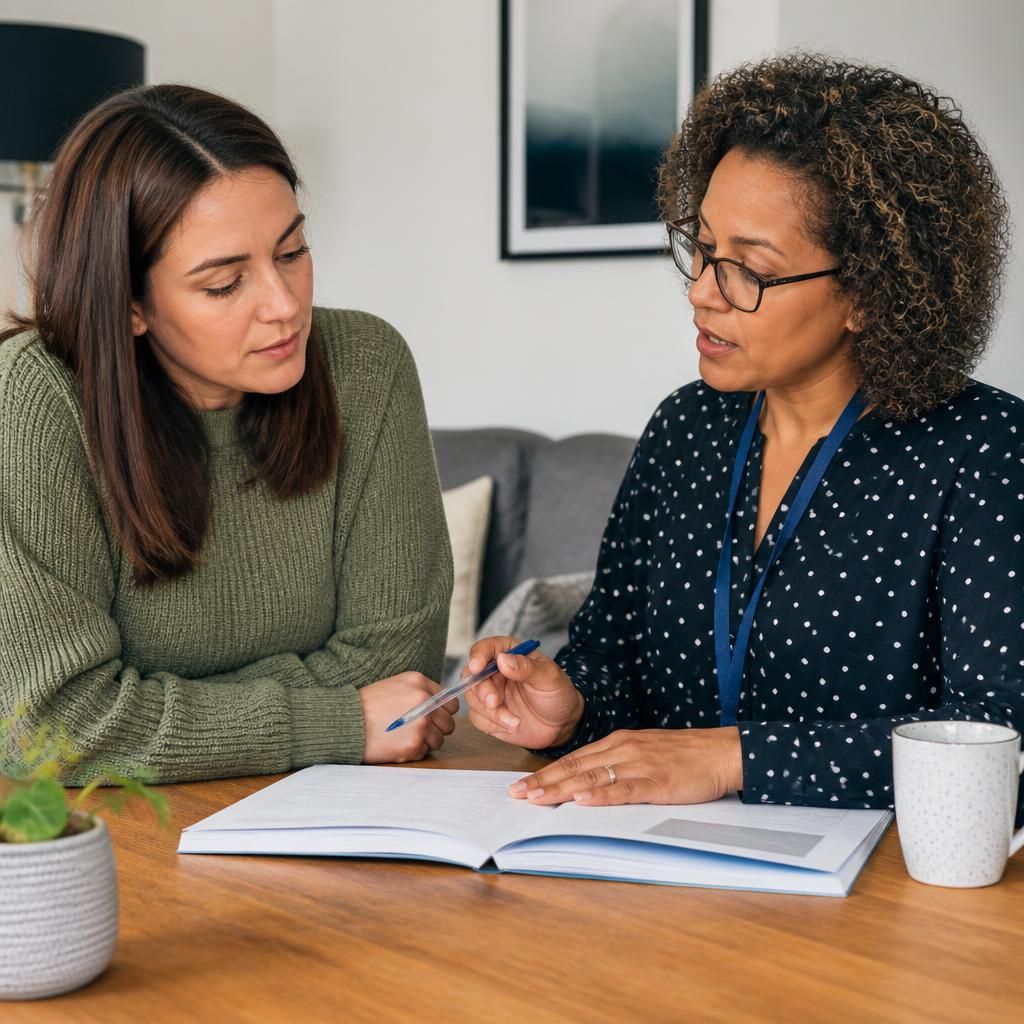 Foster carer and social worker discussing training materials