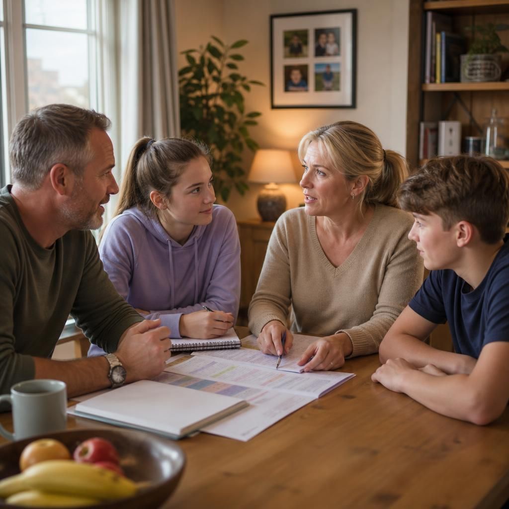 Family members discussing household routines and responsibilities