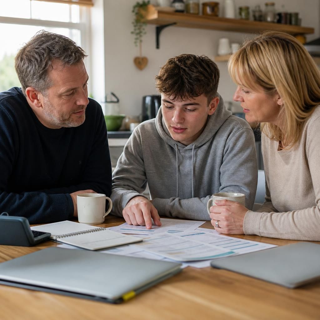 Foster family and young person looking at future plans together