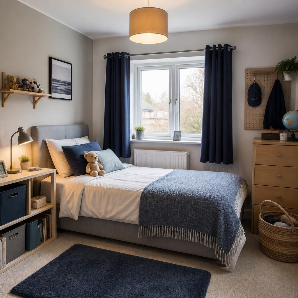 Child’s bedroom with a bed, storage and space for personal belongings