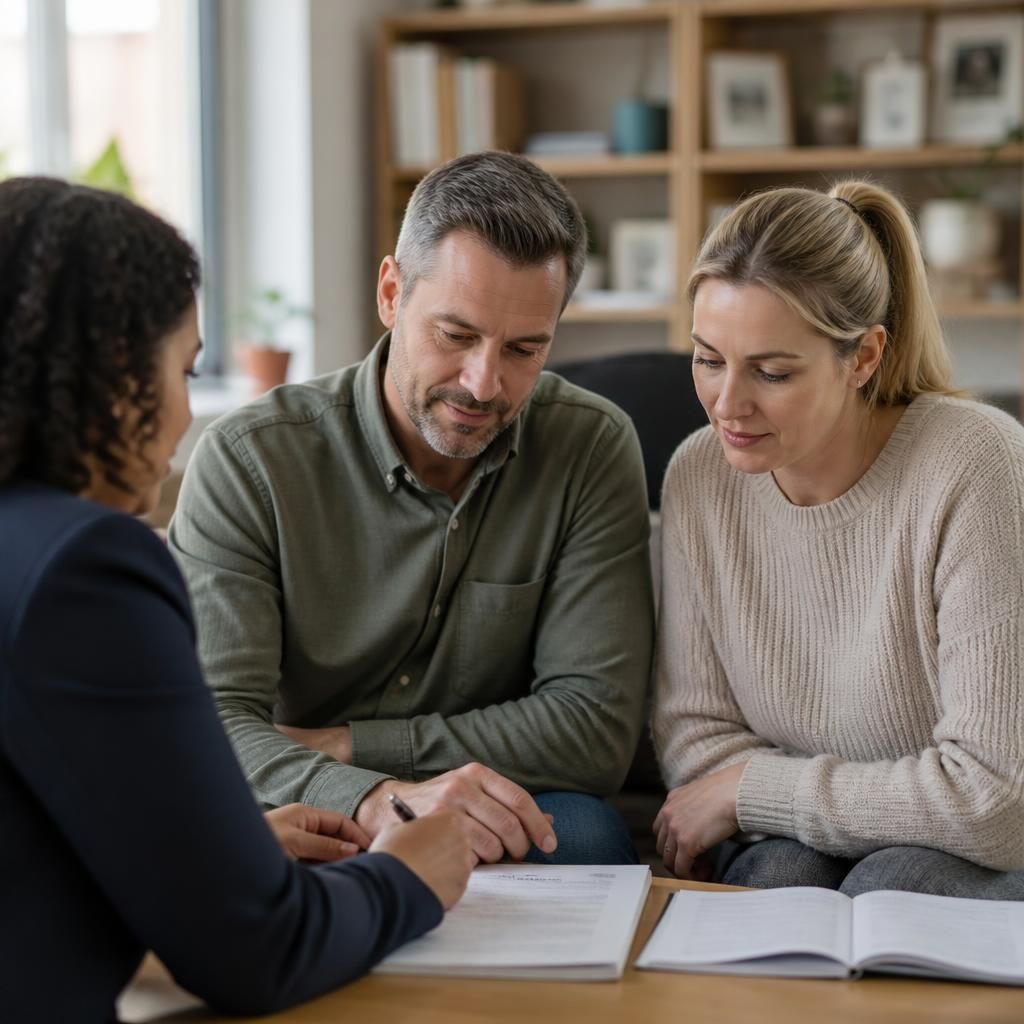 Applicant discussing foster care paperwork with a social worker
