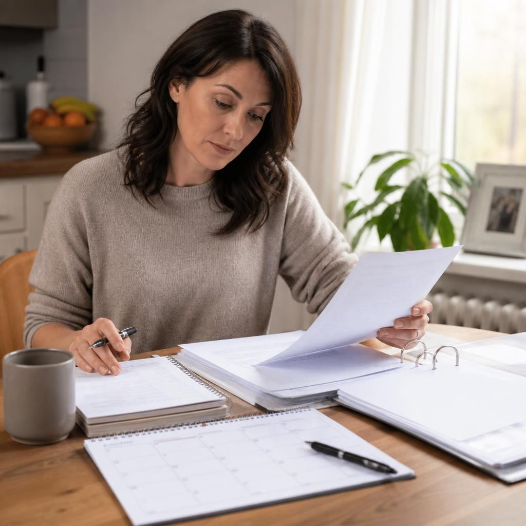 Foster carer reviewing application paperwork beside a calendar and pen